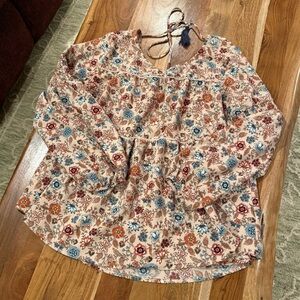 Knox Rose Multicolor Floral Blouse with Tassel Tie Puff Sleeves Size Large